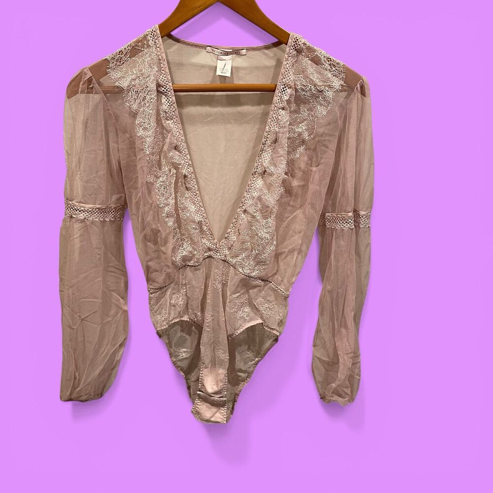 Cute sexy pink blush lace mesh bodysuit deep v-neck Victoria’s Secret festival